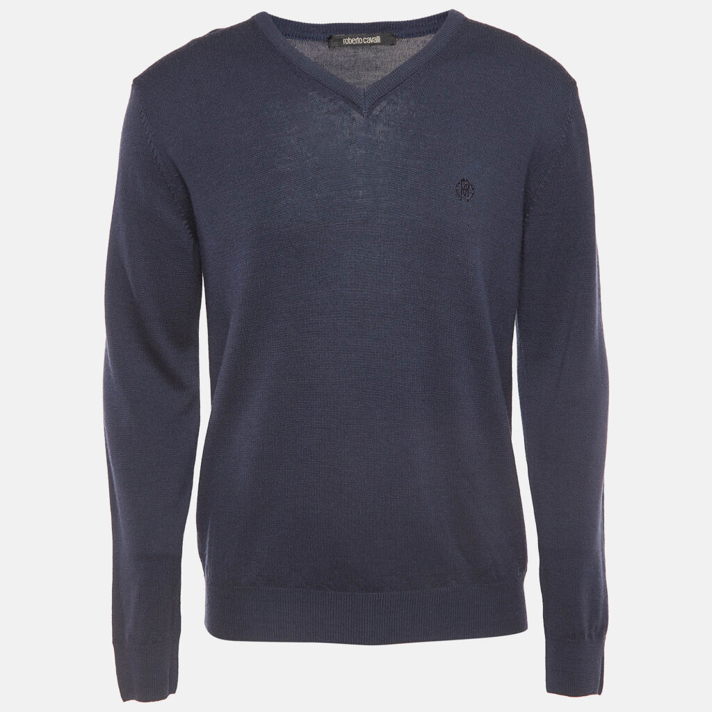 luxury-men-roberto-cavalli-used-clothes-p940870-007 Roberto Cavalli Navy Blue Wool Knit V-Neck Sweatshirt XL