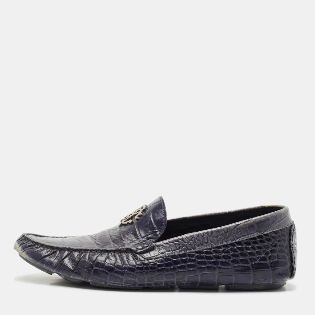 luxury-men-roberto-cavalli-used-shoes-p1163122-003 Roberto Cavalli Navy Blue Croc Embossed Leather Slip on Loafers Size 44