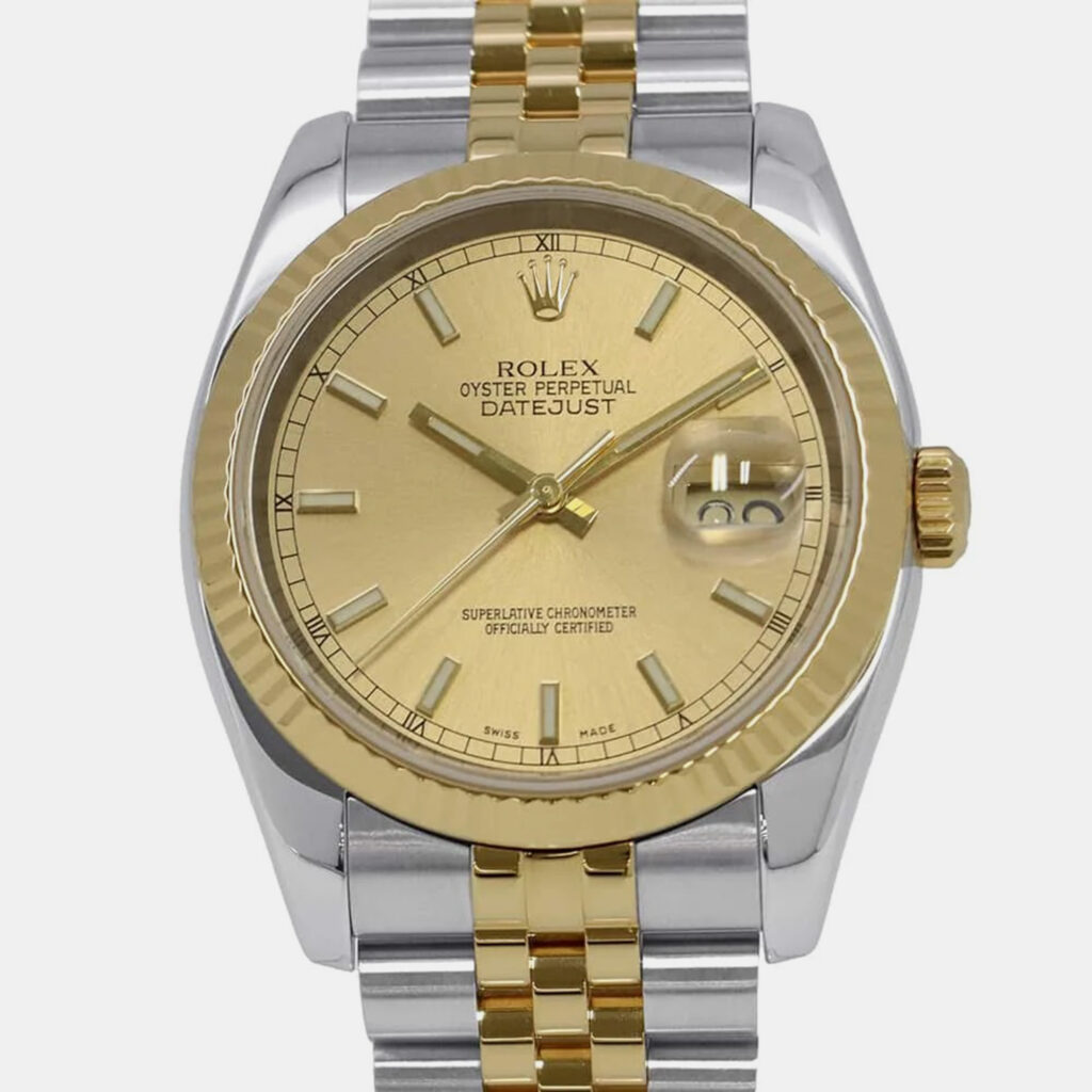 luxury-men-rolex-used-watches-p1111106-008 Rolex Champagne 18k Yellow Gold Stainless Steel Datejust 116233 Automatic Men's Wristwatch 36 mm