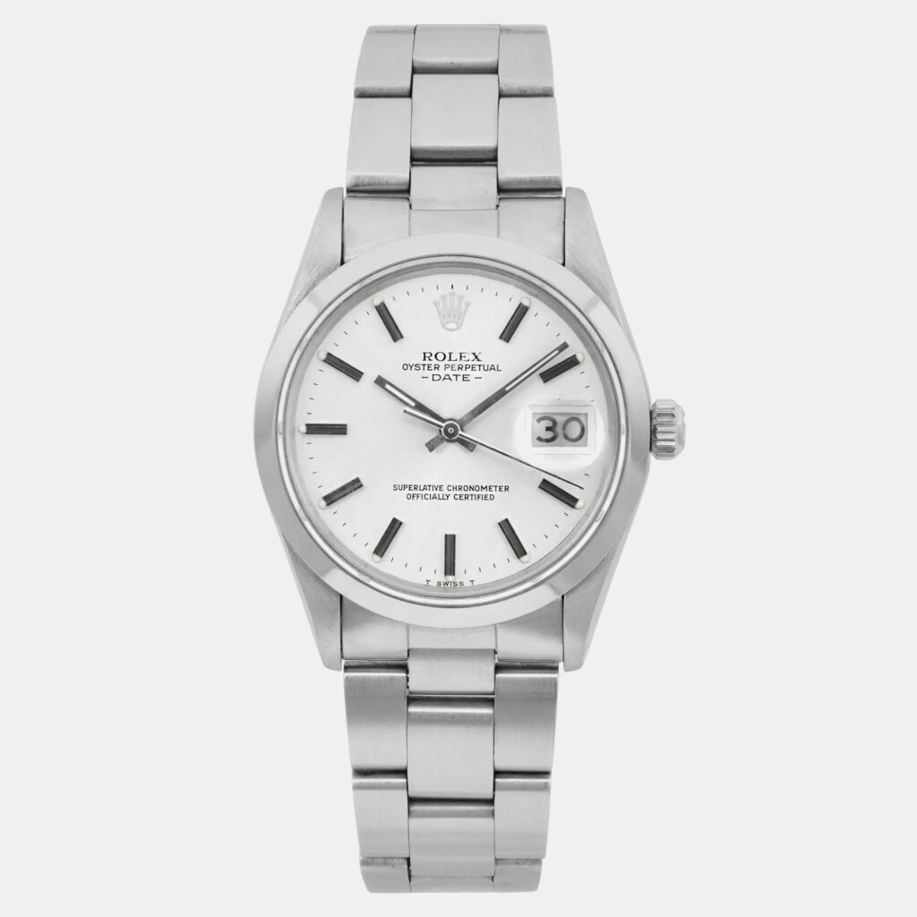 luxury-men-rolex-used-watches-p1160676-006 Rolex Silver Stainless Steel Oyster Perpetual Date 15000 Automatic Men's Wristwatch 34mm
