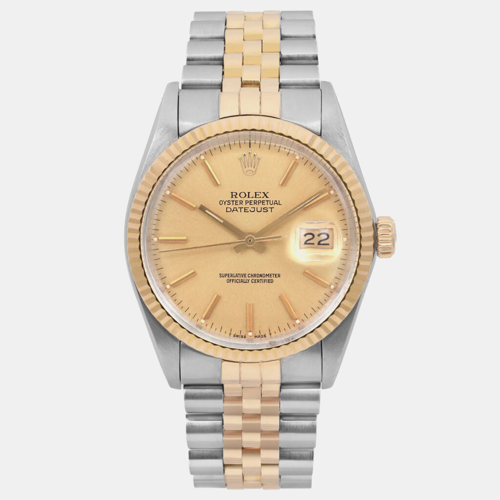 luxury-men-rolex-used-watches-p1160689-001 Rolex Champagne 18K Yellow Gold Stainless Steel Datejust 16013 Automatic Men's Wristwatch 36 mm