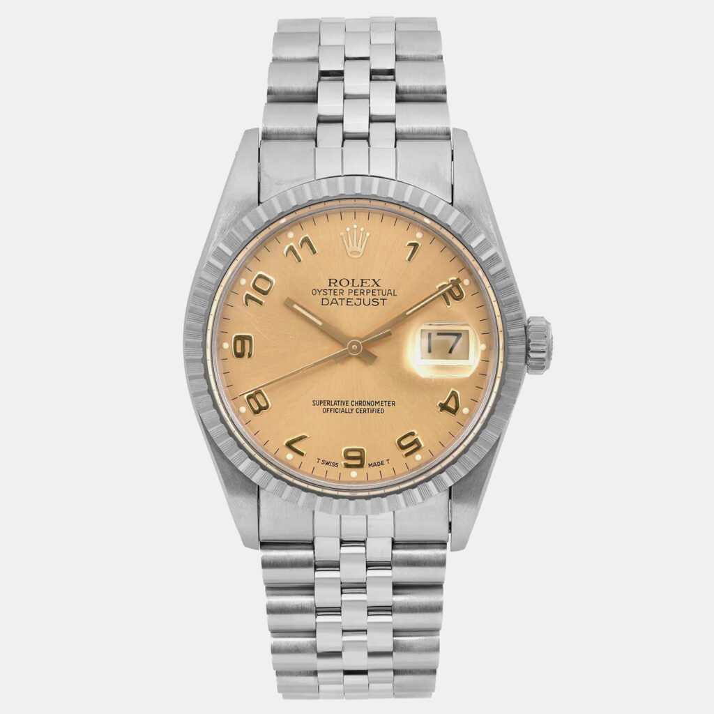 luxury-men-rolex-used-watches-p1160702-001 Rolex Champagne Stainless Steel Datejust 16030 Automatic Men's Wristwatch 36mm
