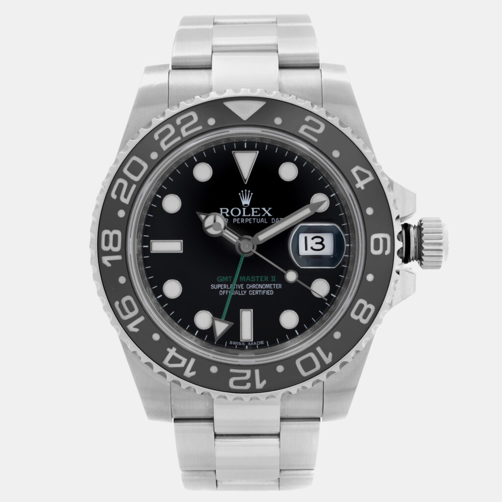 Stacked from 12 images. Method=A (R=8,S=3) Rolex Black Stainless Steel GMT Master II 126710GRNR Automatic Men's Wristwatch 40 mm