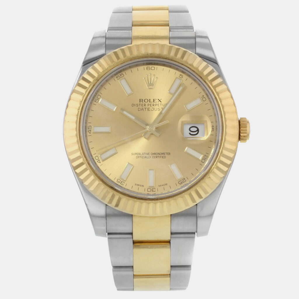 luxury-men-rolex-used-watches-p1160765-006 Rolex Champagne 18K Yellow Gold Stainless Steel Datejust II 116333 Automatic Men's Wristwatch 41mm