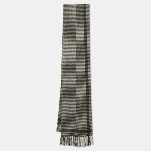 Saint Laurent Monochrome Houndstooth Wool Fringed Scarf
