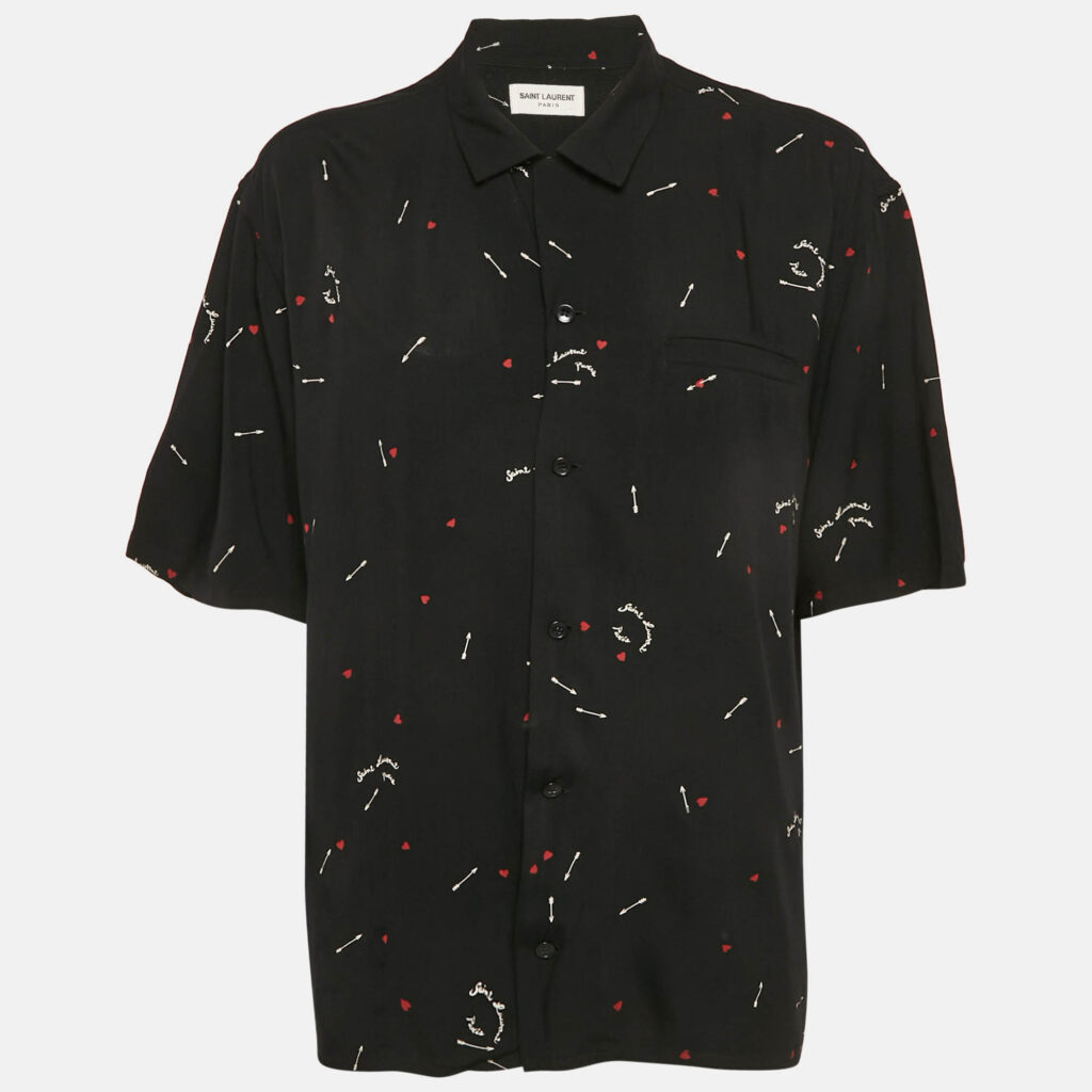 luxury-men-saint-laurent-paris-used-clothes-p1163586-001.jpg Saint Laurent Black Cupid Print Viscose Button Front Shirt M