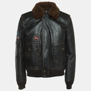Saint Laurent Paris Brown Applique Detail Leather Jacket XL