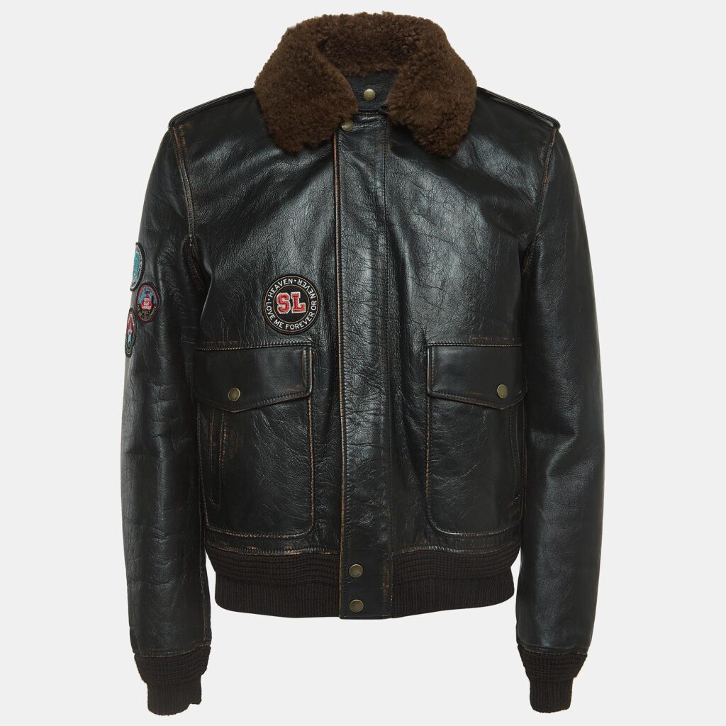 luxury-men-saint-laurent-paris-used-clothes-p923162-002 Saint Laurent Paris Brown Applique Detail Leather Jacket XL