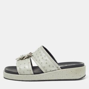 Salvatore Ferragamo Grey Ostrich Lutfi Platform Slides Size 40.5