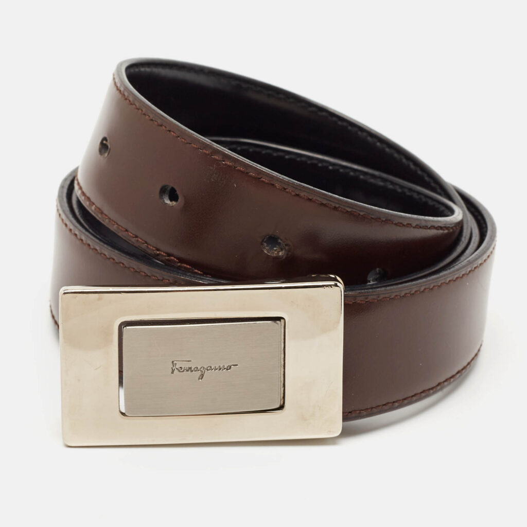 luxury-men-salvatore-ferragamo-used-accessories-p1130708-004 Salvatore Ferragamo Brown/Black Leather Logo Cut to Size Reversible Belt