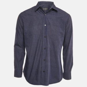 Salvatore Ferragamo Navy Blue Printed Derby Fit Shirt M