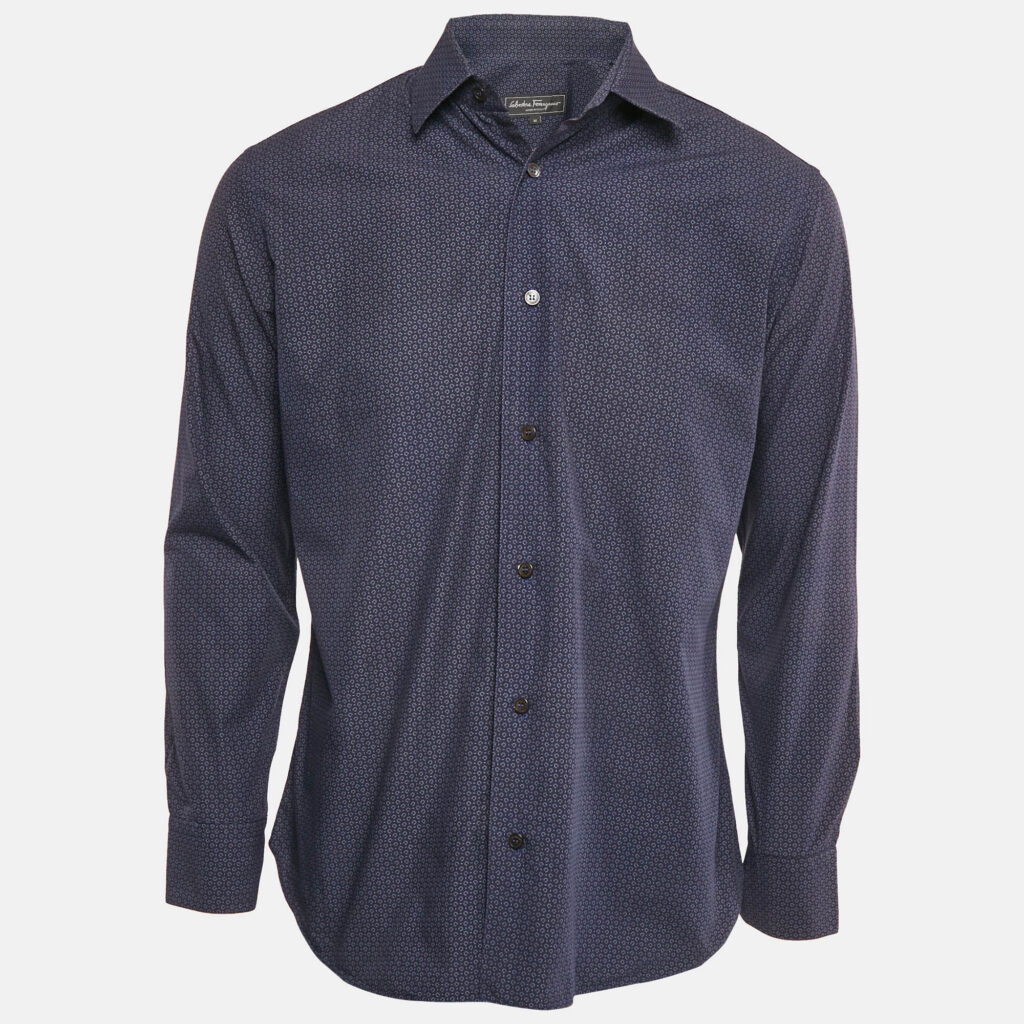 Salvatore Ferragamo Navy Blue Printed Derby Fit Shirt M