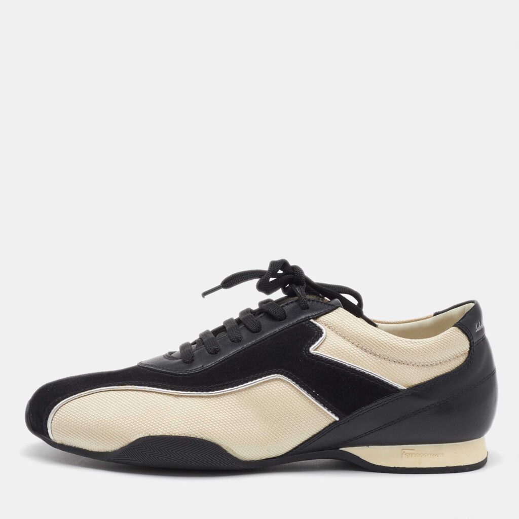 luxury-men-salvatore-ferragamo-used-shoes-p1114543-003 Salvatore Ferragamo Black/Cream Fabric and Leather Low Top Sneakers Size 41.5