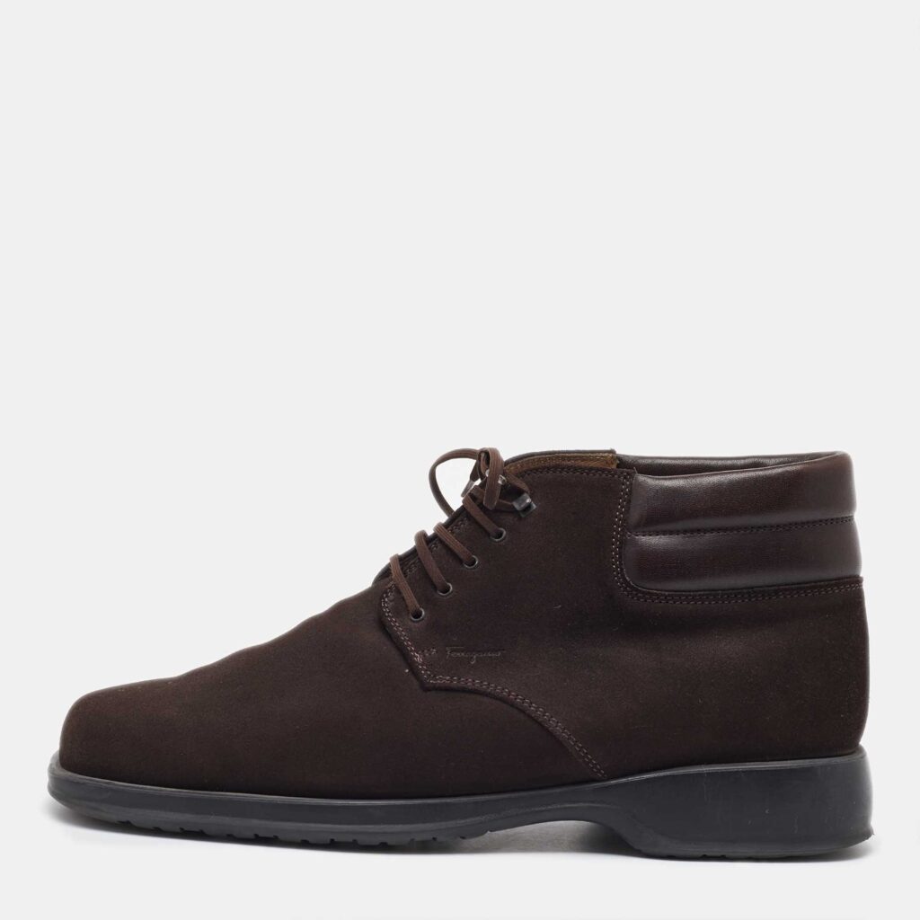 luxury-men-salvatore-ferragamo-used-shoes-p1115645-003 Salvatore Ferragamo Dark Brown Suede Lace Up Mid Sneakers Size 41.5