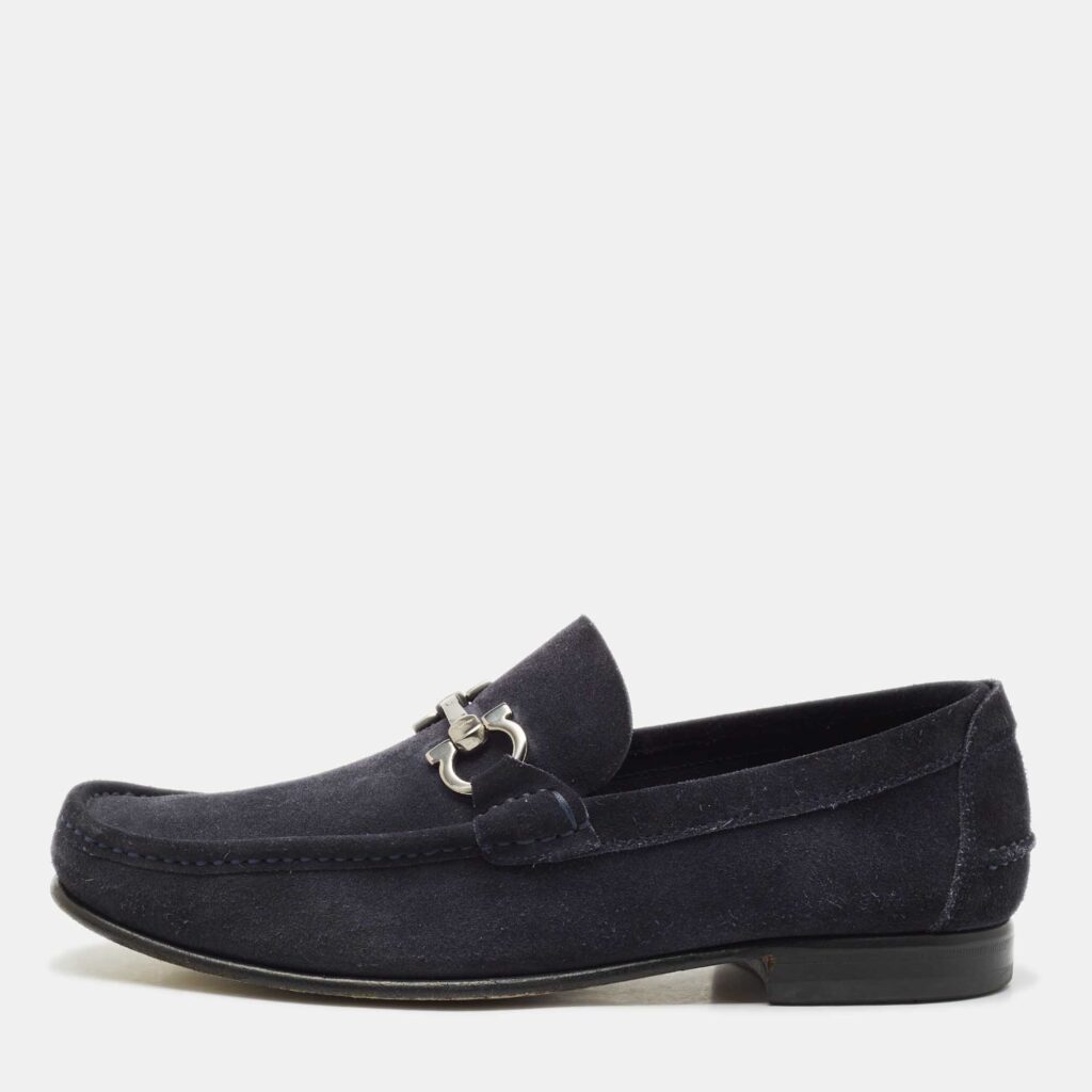 luxury-men-salvatore-ferragamo-used-shoes-p1145334-003 Salvatore Ferragamo Navy Blue Suede Double Gancio Loafers Size 42
