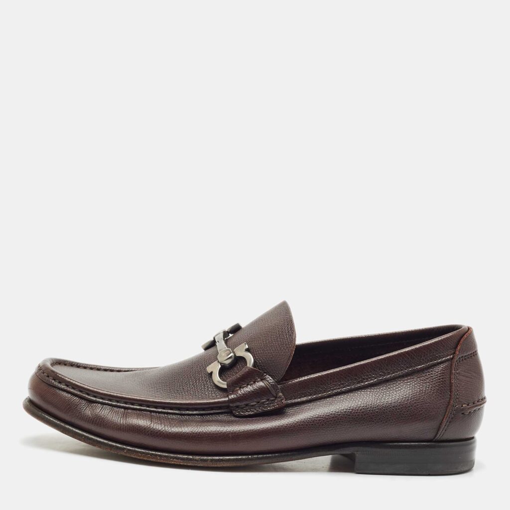 Salvatore Ferragamo Dark Brown Leather Gancini Slip On Loafers Size 40.5