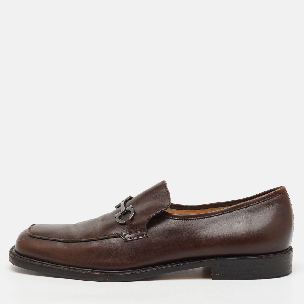 luxury-men-salvatore-ferragamo-used-shoes-p1166946-010 Salvatore Ferragamo Dark Brown Leather Gancini Slip On Loafers Size 46