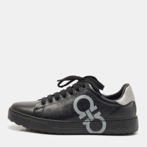 Salvatore Ferragamo Black/Silver Leather Gancini Lace Up Sneakers Size 40