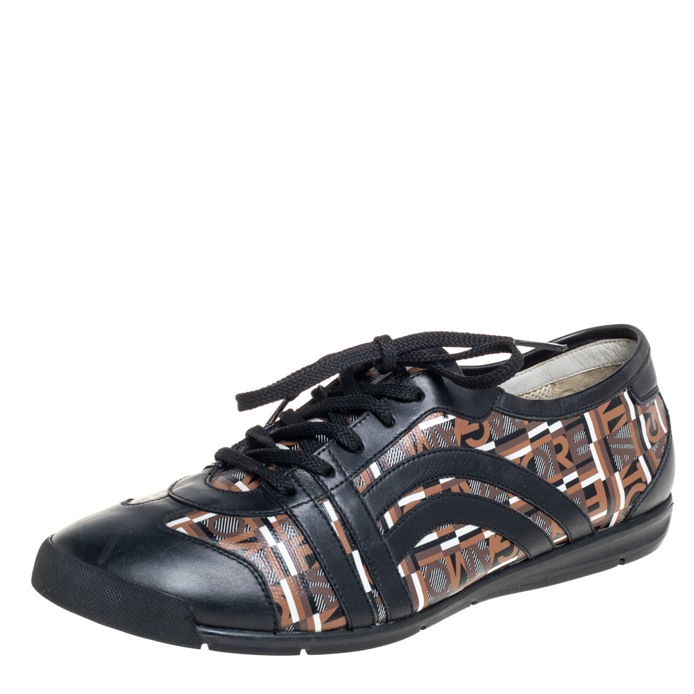 luxury-men-salvatore-ferragamo-used-shoes-p407035-005 Salvatore Ferragamo Brown/Black Canvas And Leather Low Top Sneakers Size 43.5