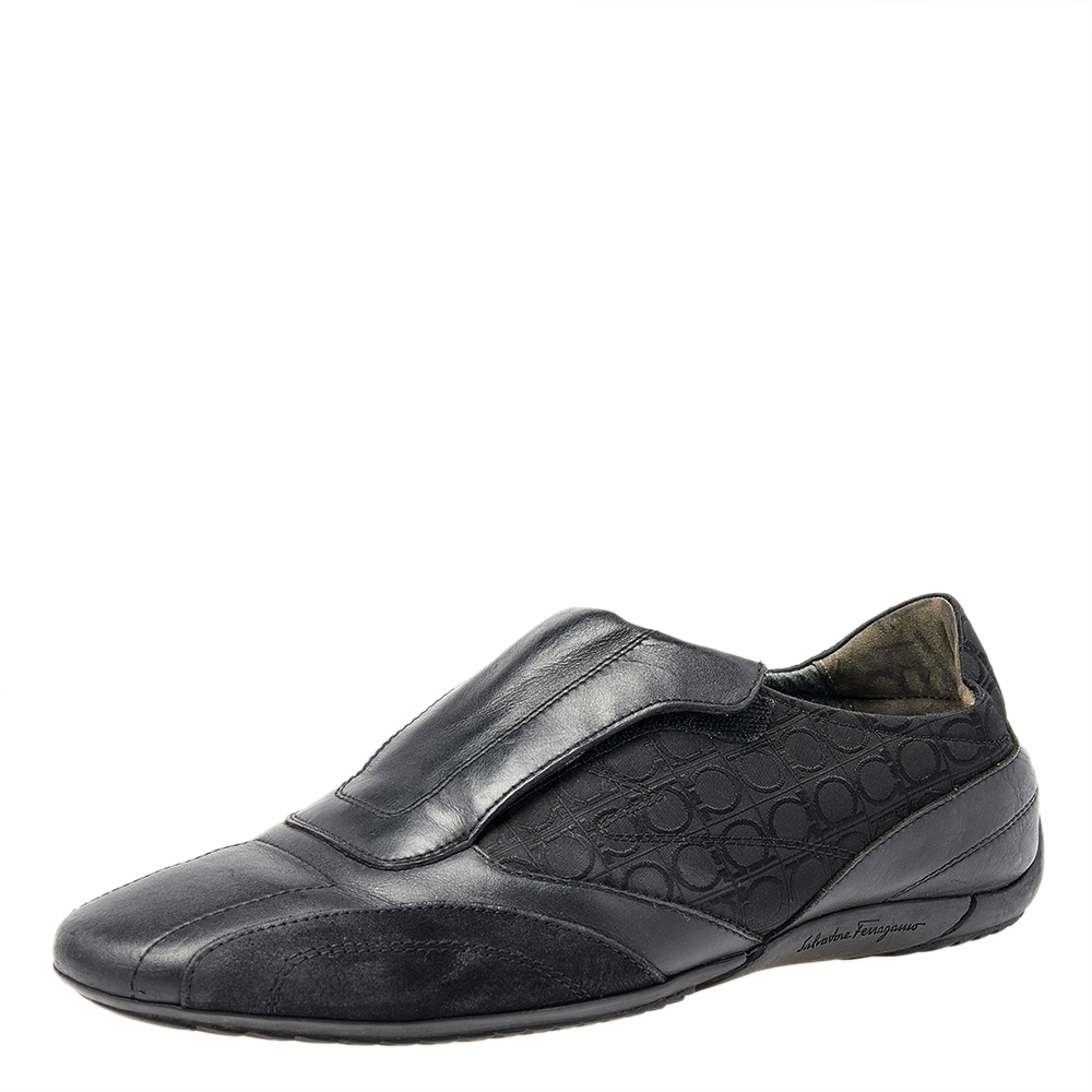 luxury-men-salvatore-ferragamo-used-shoes-p492155-005 Salvatore Ferragamo Black Leather And Signature Canvas Slip On Sneakers Size 42