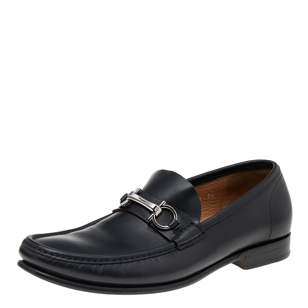 Salvatore Ferragamo Black Leather Gancio Slip On Loafers Size 43.5