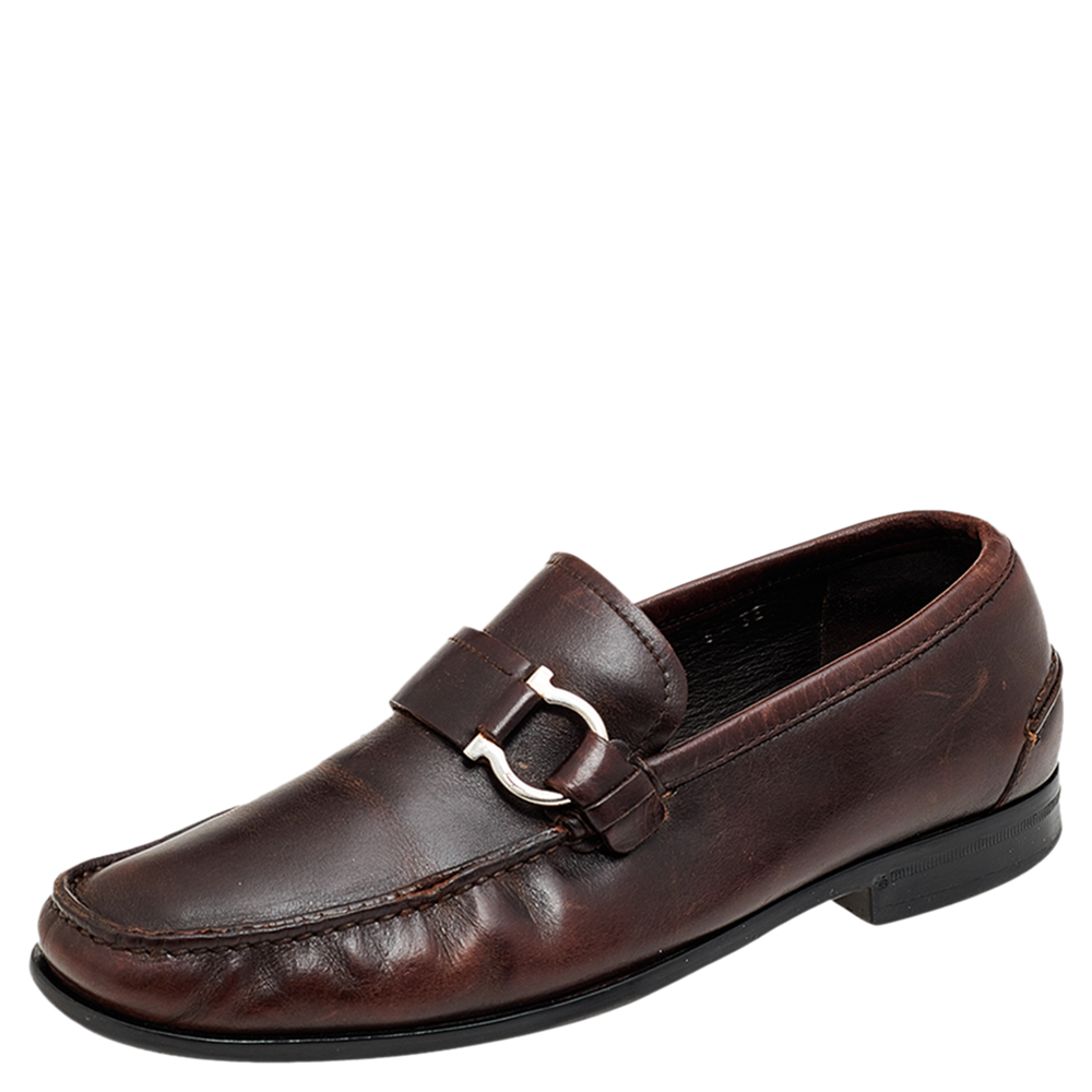 Salvatore Ferragamo Brown Leather Gancio Slip On Loafers Size 40