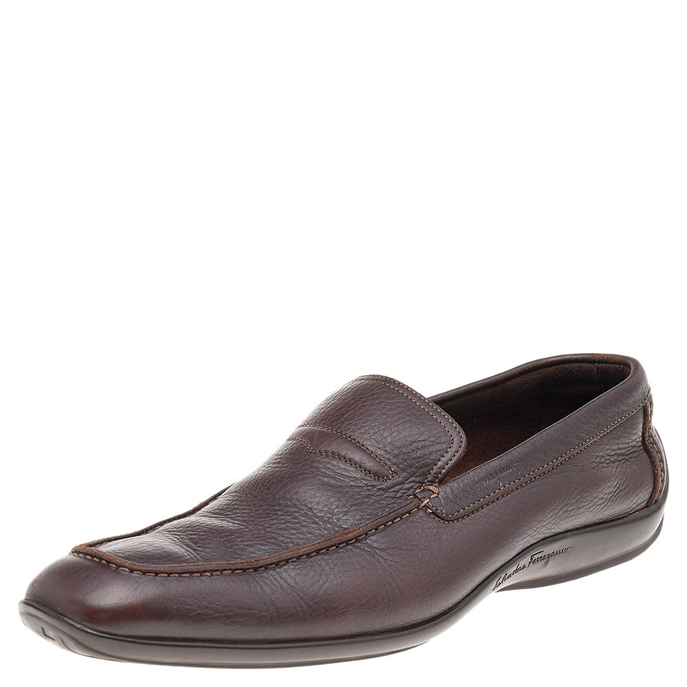Salvatore Ferragamo Dark Brown Leather Slip On Penny Loafers Size 41.5