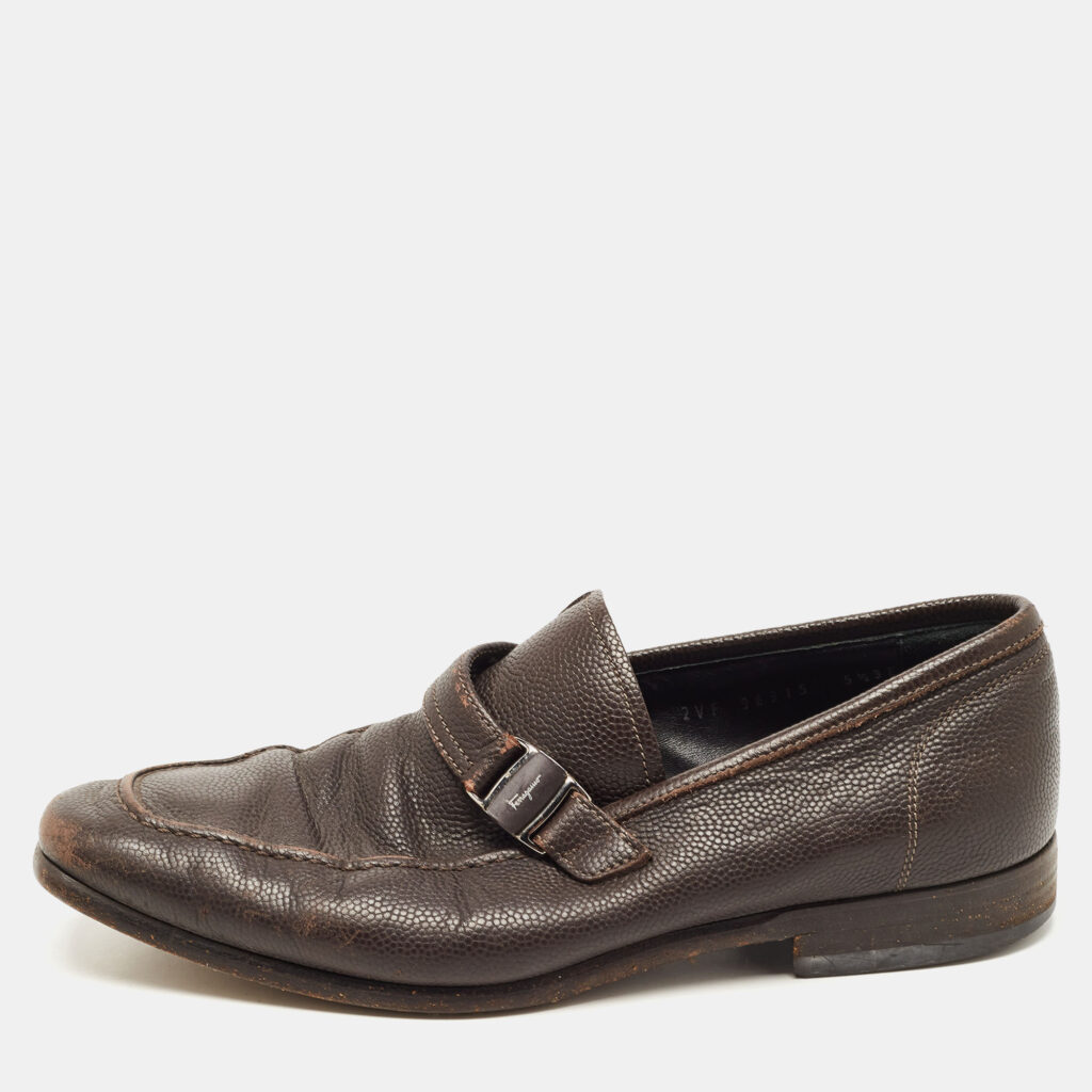 luxury-men-salvatore-ferragamo-used-shoes-p839459-010 Salvatore Ferragamo Dark Brown Leather Side Buckle Loafers Size 39.5