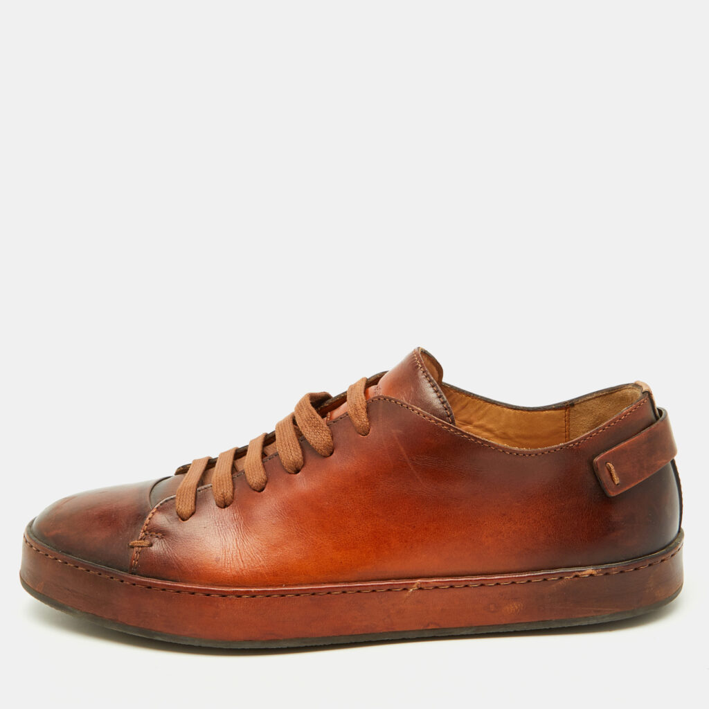luxury-men-santoni-used-shoes-p1152738-003 Santoni Brown Leather Lace Up Low Top Sneakers Size 40.5