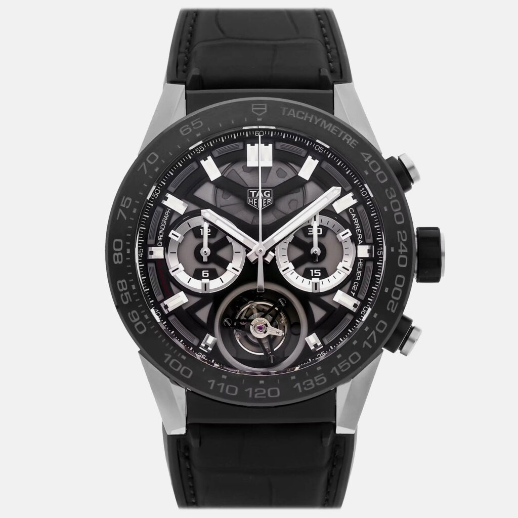 luxury-men-tag-heuer-used-watches-p1169004-004 Tag Heuer Carrera Tourbillon Chronograph CAR5A8Y.FC6377 Automatic Titanium Black Dial Men's Wristwatch 45mm