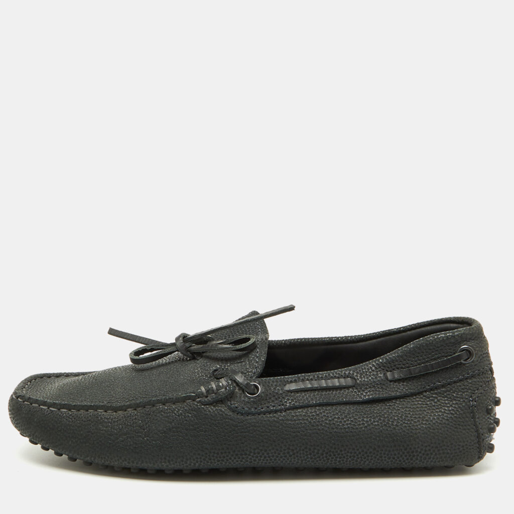 luxury-men-tods-new-shoes-p1087278-004 Tod's Dark Grey Leather Gommino Bow Slip On Loafers Size 39.5
