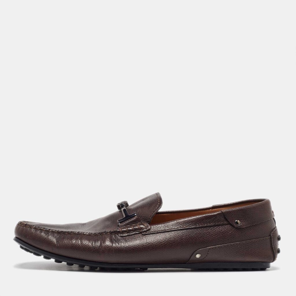 luxury-men-tods-used-shoes-p1070873-003 Tod's for Ferrari Dark Brown Leather Slip on Loafers Size 43
