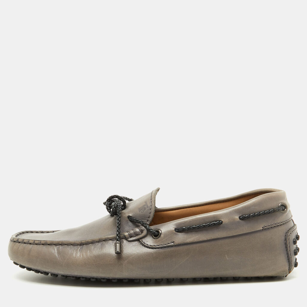 luxury-men-tods-used-shoes-p1090871-008 Tod's Light Grey Leather Bow Slip On Driver Loafers Size 38.5