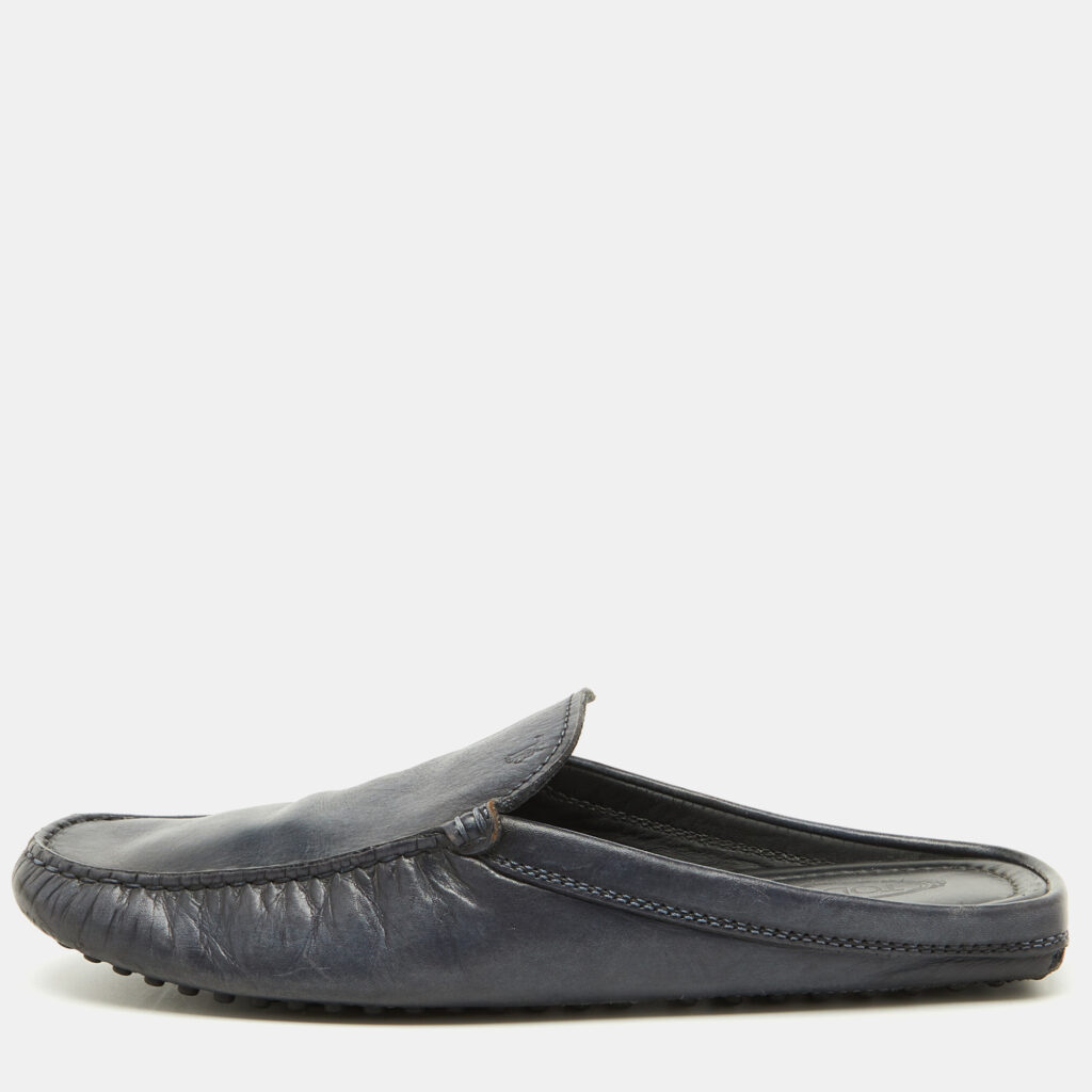 luxury-men-tods-used-shoes-p1091757-001 Tod's Dark Grey Leather Slip On Mules Loafers Size 41