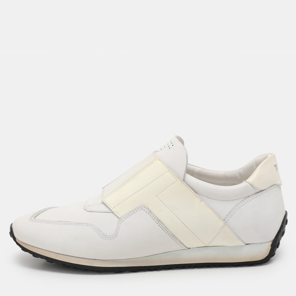 luxury-men-tods-used-shoes-p1100196-007 Tod's White Elastane and Leather Low Top Slip On Sneakers Size 40