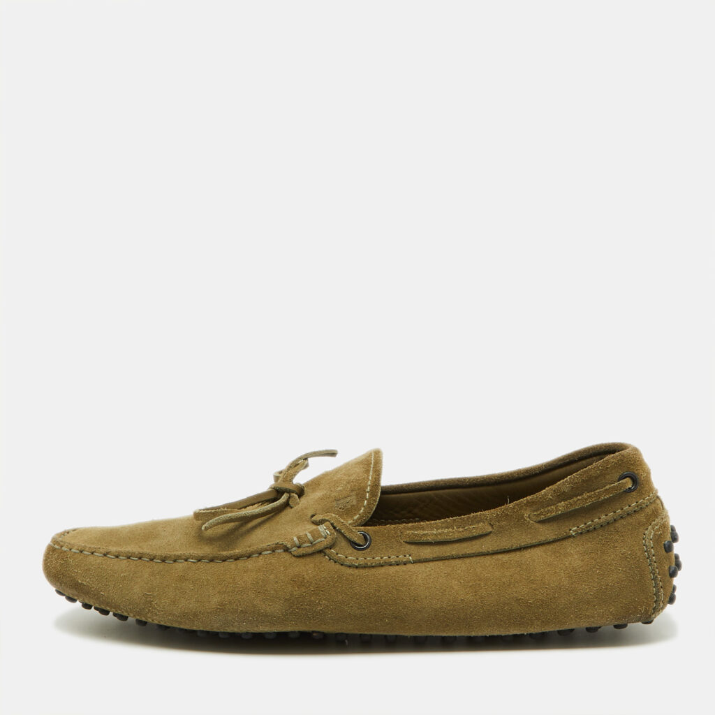 Tod's Light Olive Green Suede Bow Slip On Driver Loafers Size 44