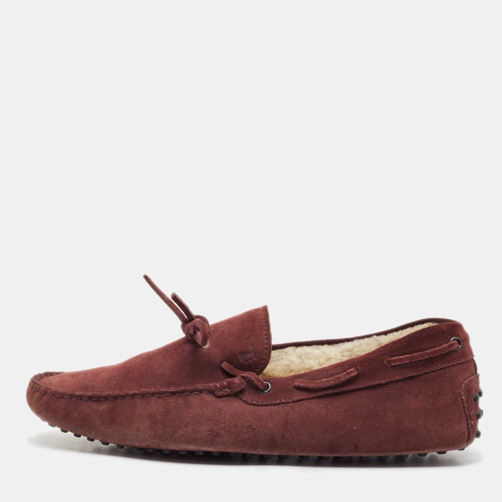 luxury-men-tods-used-shoes-p1130702-003 Tod's Dark Burgundy Suede Bow Slip On Loafers Size 44.5