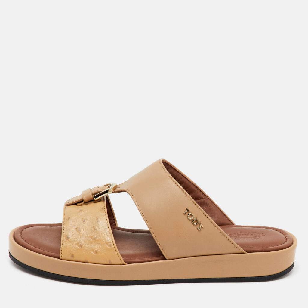 luxury-men-tods-used-shoes-p1147042-010 Tod's Beige Ostrich Embossed Leather and Leather Arabic Sandals Size 35