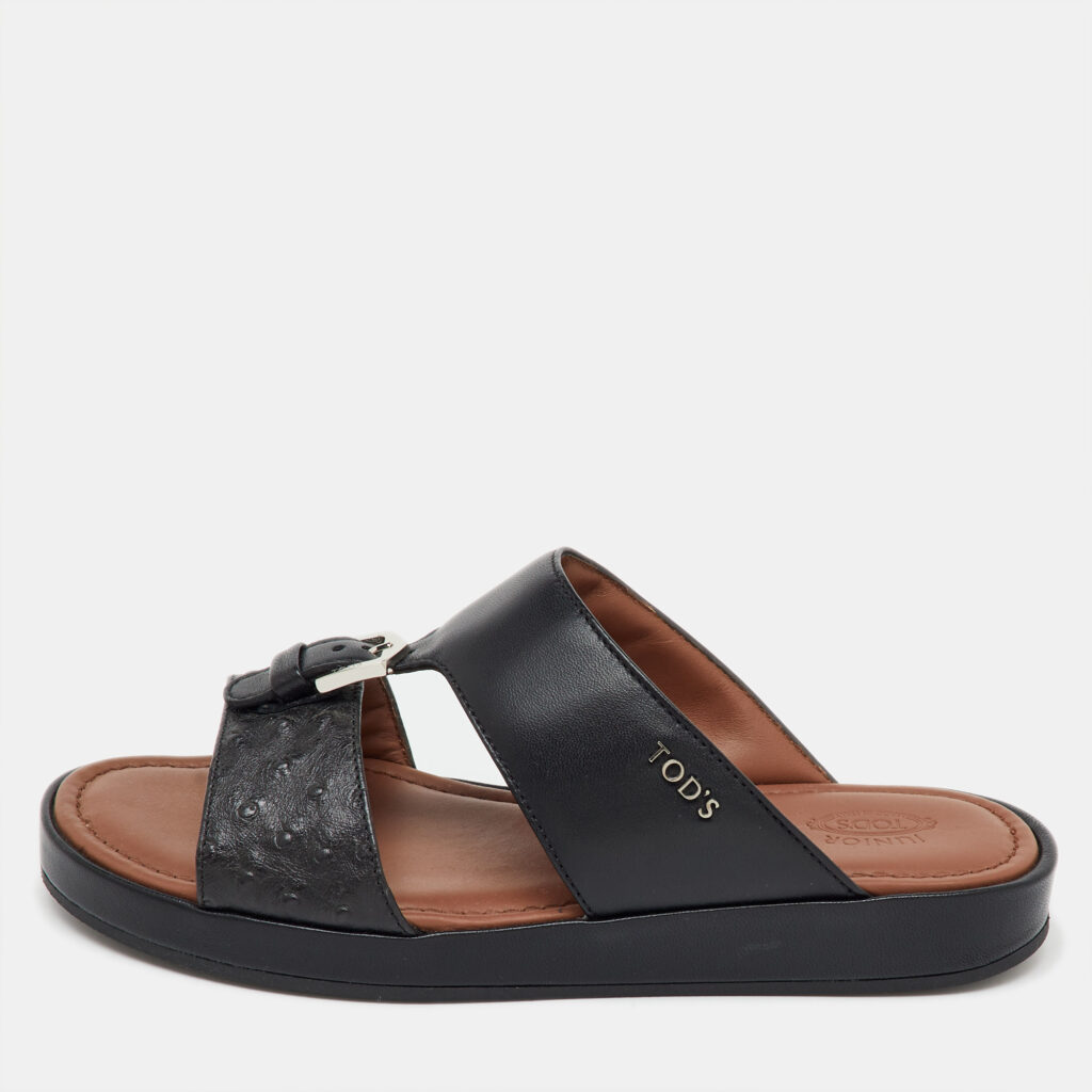 luxury-men-tods-used-shoes-p1147043-001 Tod's Black Ostrich Embossed Leather and Leather Arabic Sandals Size 35