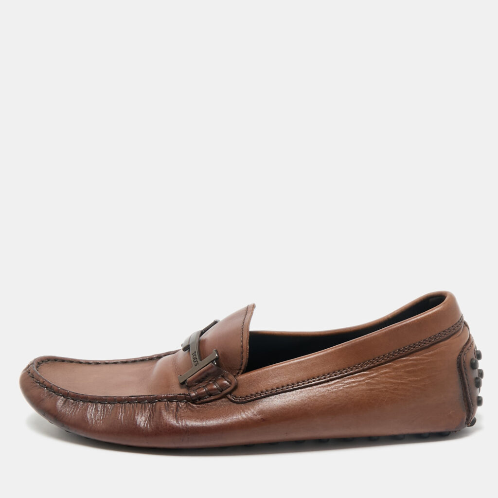 luxury-men-tods-used-shoes-p1158503-001 Tod's Dark Brown Leather Double T Logo Slip On Penny Loafers Size 42.5