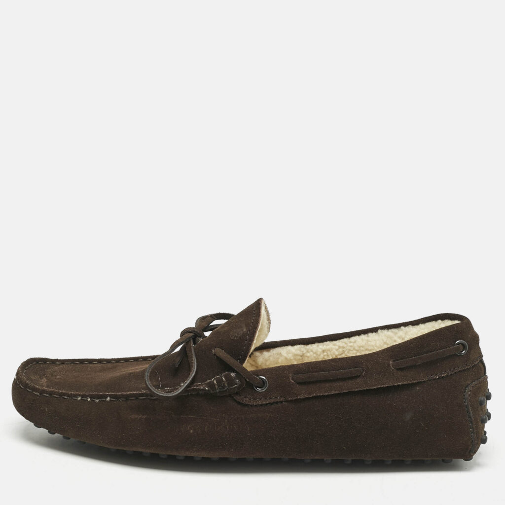 luxury-men-tods-used-shoes-p1161269-010 Tod's Dark Brown Suede Shearling Lined Bow Slip On Loafers Size 43