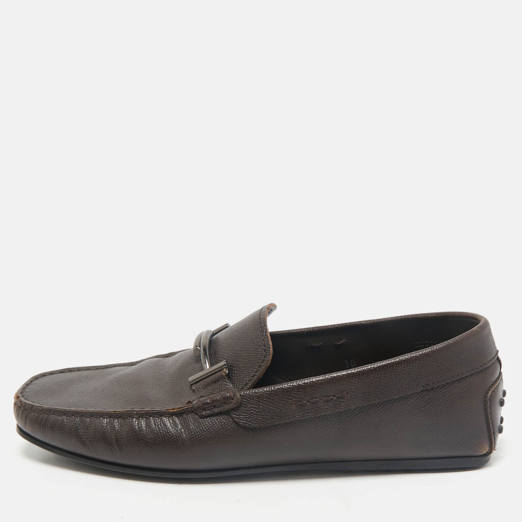 luxury-men-tods-used-shoes-p1162382-010 Tod's Brown Leather Double T Slip On Loafers Size 44.5