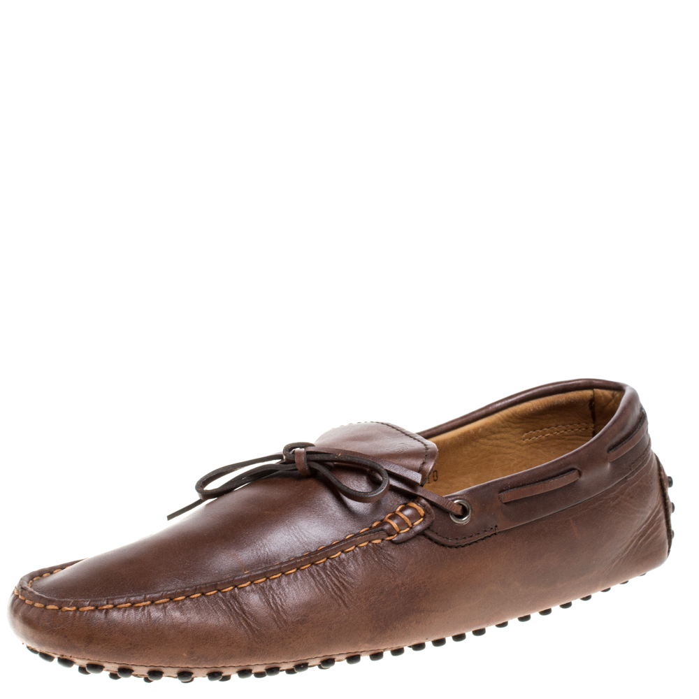 luxury-men-tods-used-shoes-p367938-006 Tod's Brown Leather Bow Driver Loafers Size 44.5