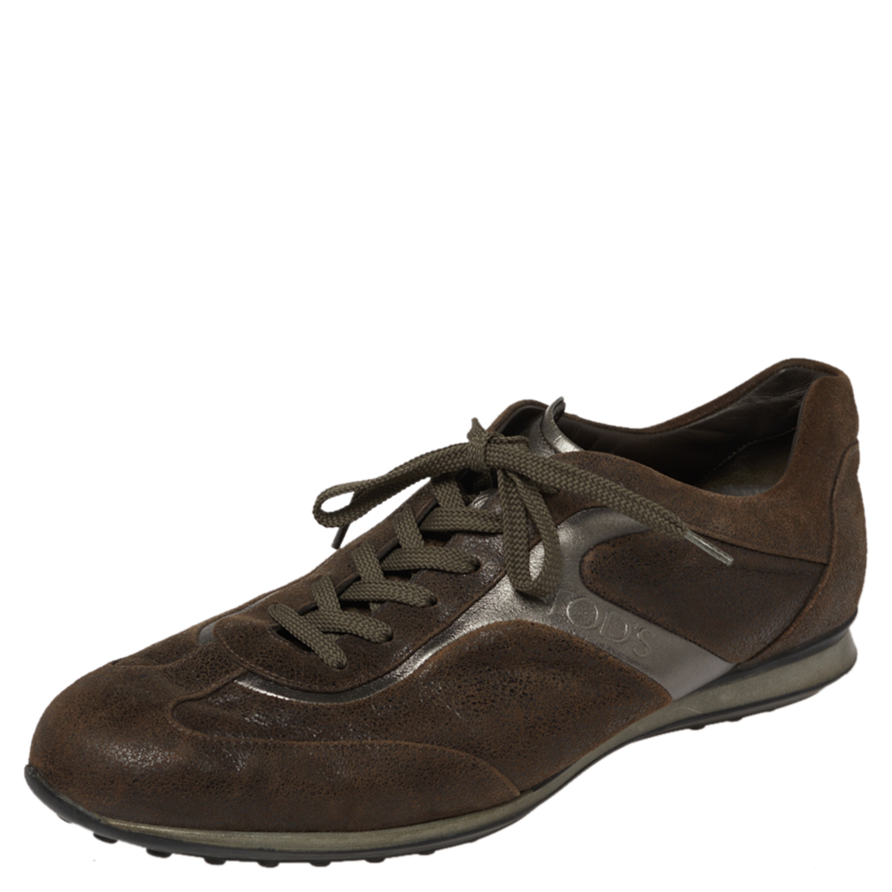 luxury-men-tods-used-shoes-p376114-005 Tod's Brown Textured Suede Leather Low Top Sneakers Size 41