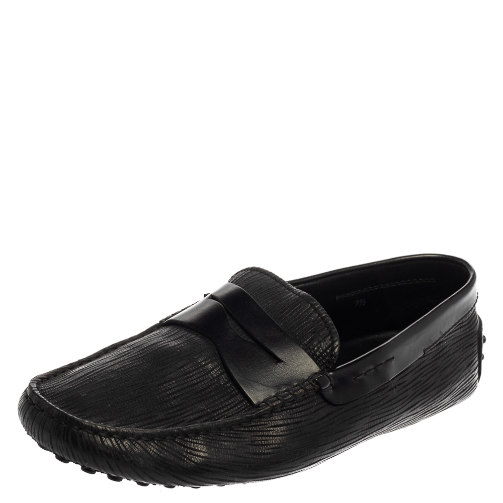 Tod's Black Textured Leather Penny Loafer Size 41.5