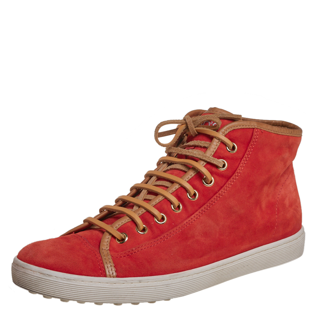 luxury-men-tods-used-shoes-p402809-005 Tod's Orange/Brown Suede And Leather High Top Sneakers Size 38