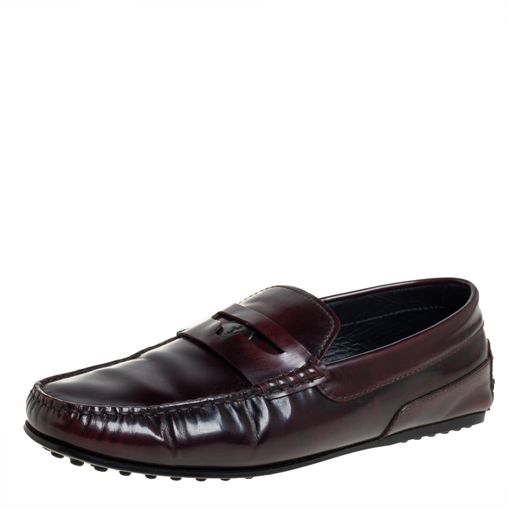 luxury-men-tods-used-shoes-p457213-008 Tods Burgundy Leather Slip On Loafers Size 41