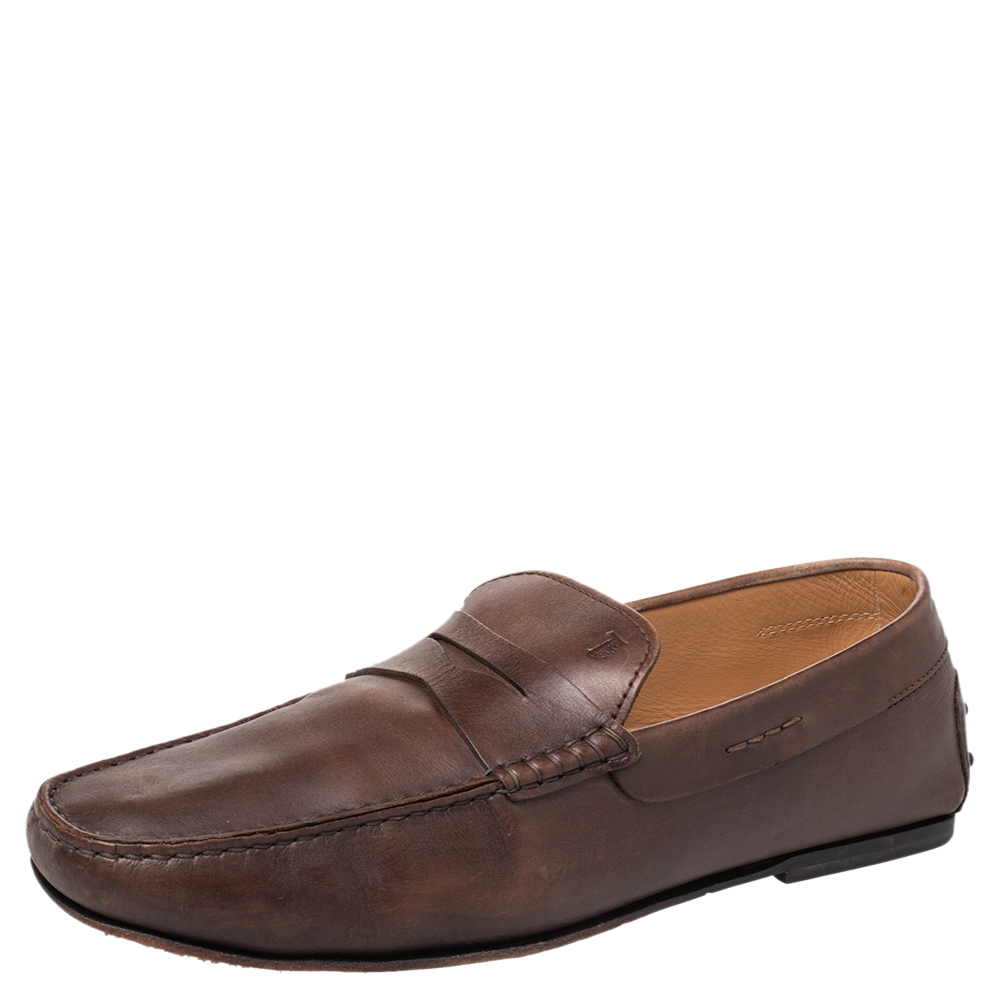 luxury-men-tods-used-shoes-p466815-009 Tod's Brown Leather Penny Slip On Loafers Size 44.5