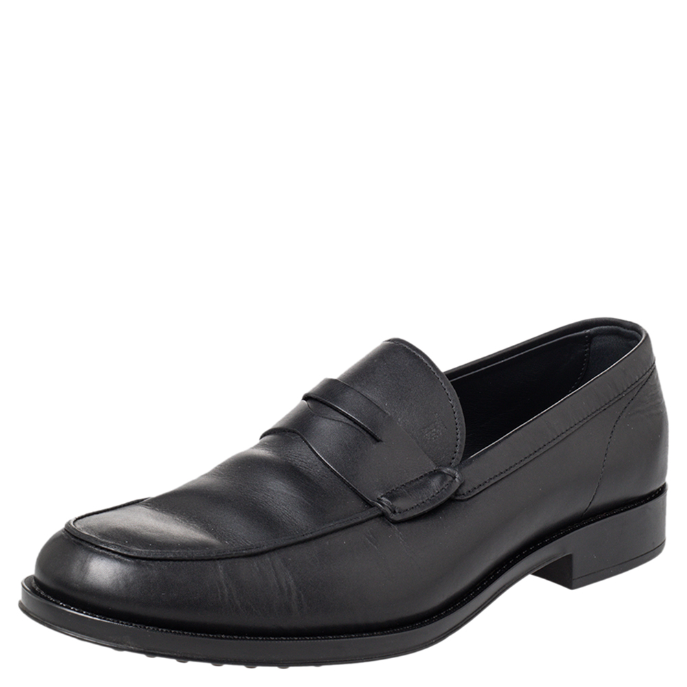 luxury-men-tods-used-shoes-p467335-008 Tod's Black Leather Penny Slip On Loafers Size 45