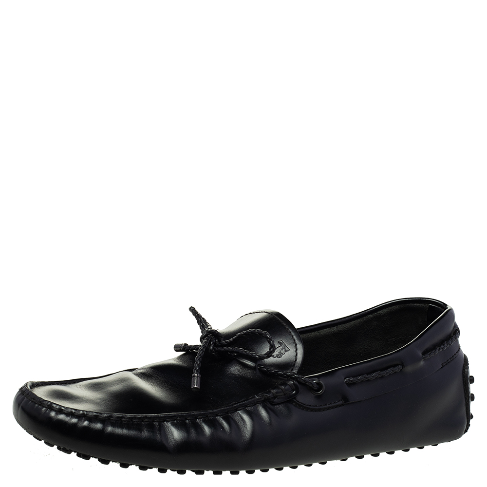 luxury-men-tods-used-shoes-p471814-003 Tod's Black Leather Bow Slip-On Loafers Size 44